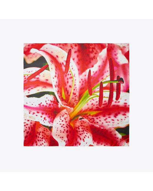 Tory Burch Red Lily Silk Square Scarf, One Size