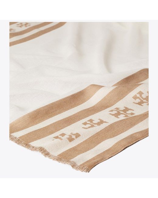Tory Burch Natural Logo Stripe Oblong Scarf