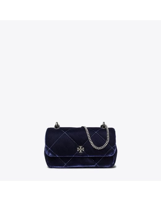 Tory Burch Blue Mini Kira Diamond Quilt Velvet Pavé Flap Bag, One Size