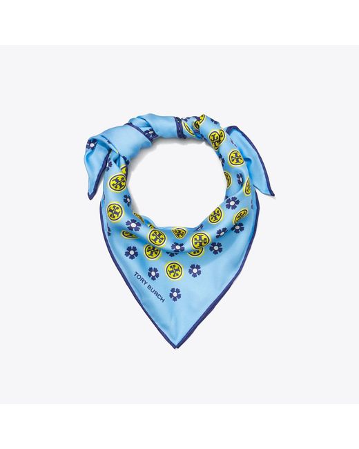 Tory Burch Blue Floral Logo Triangle Scarf