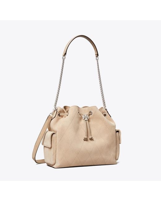 Tory Burch Natural Charlie Quilted Suede Drawstring Shoulder Bag, One Size
