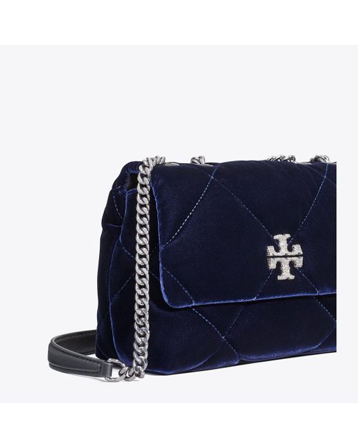 Tory Burch Blue Damen Kleine Kira Schultertasche Aus Samt Mit Rautensteppung Und Pavé