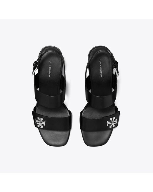 Tory Burch Black T Lock Heel Sandals 55Mm Wedge Shoes, Leather