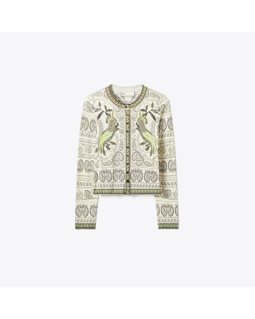 Tory Burch White Printed Cashmere Cardigan