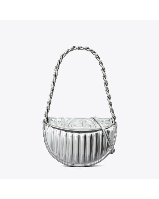 Tory Burch Mini Fleming Metallic Quilt Crescent Bag