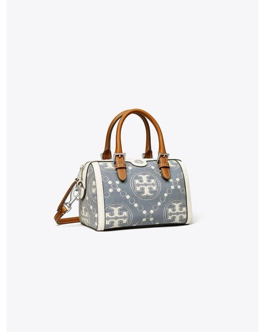 Tory Burch Petite T Monogram Denim Barrel Bag in White Tory Burch Petite T Monogram Denim Barrel Bag in White