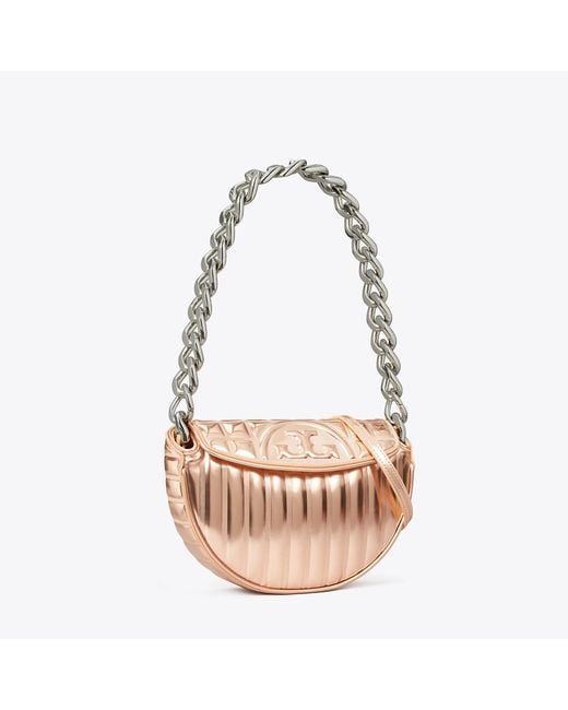 Tory Burch Pink Mini Fleming Soft Metallic Quilt Crescent Bag, One Size