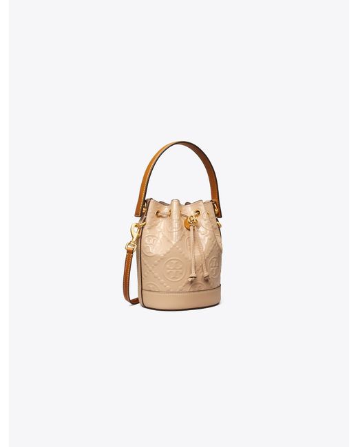 Tory Burch T Monogram Patent Embossed Mini Bucket Bag in White Lyst