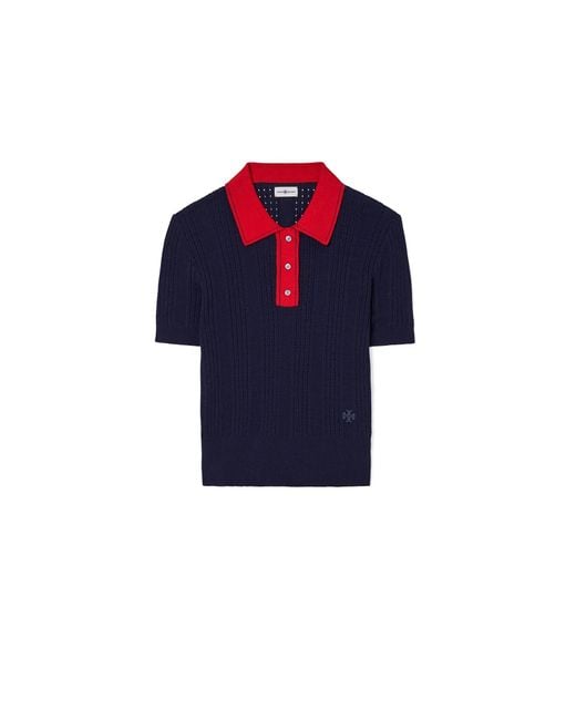 Tory Sport Blue Cotton Pointelle Polo Sweater