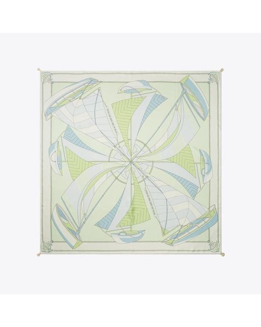Tory Burch Green Sailboat Spiral Silk Square Scarf, One Size