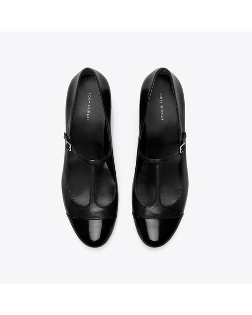 Tory Burch Black Cap-Toe T-Strap Ballet