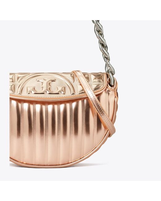 Tory Burch Pink Mini Fleming Soft Metallic Quilt Crescent Bag, One Size