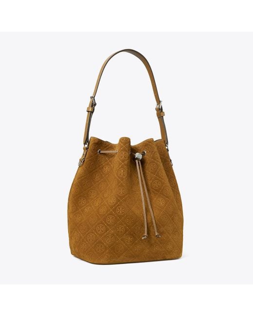 Tory Burch Brown T Monogram Suede Oversized Bucket Bag