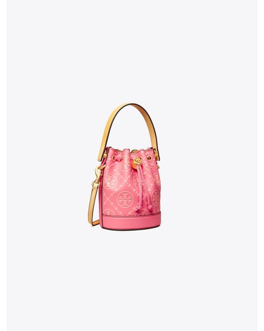 Tory Burch Pink Mini T Monogram Contrast Embossed Bucket Bag