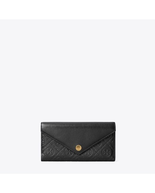 Tory Burch Black T Monogram Leather Envelope Wallet, One Size