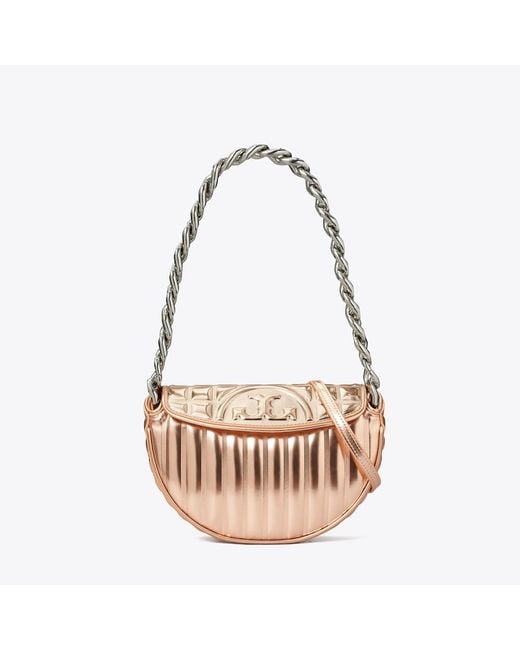 Tory Burch Pink Mini Fleming Soft Metallic Quilt Crescent Bag, One Size