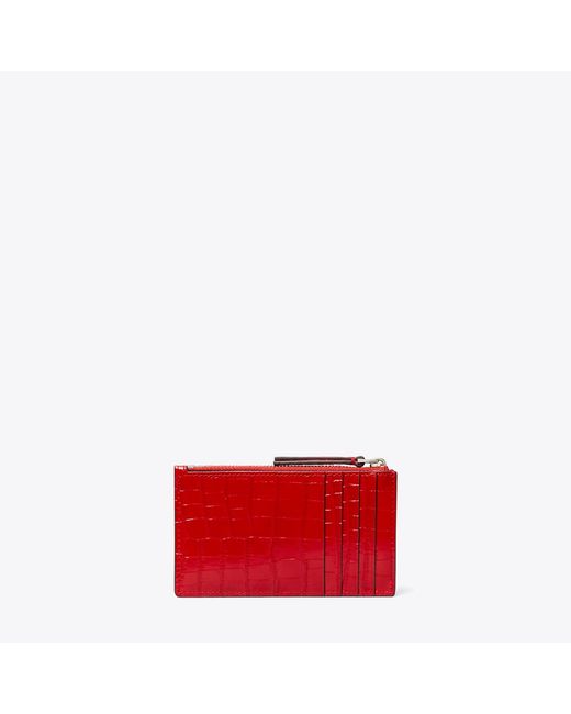Tory Burch Red Kira Croc-Embossed Zip Card Case