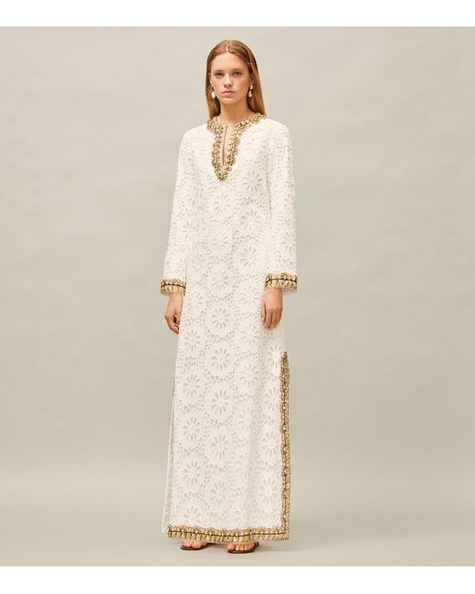 Tory Burch White Embellished Lace Caftan Dress