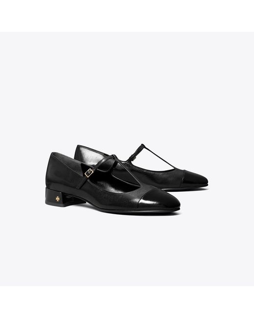 Tory Burch Black Cap-Toe T-Strap Ballet