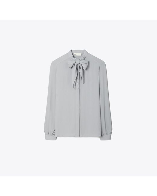 Tory Burch Gray Georgette Bow Blouse