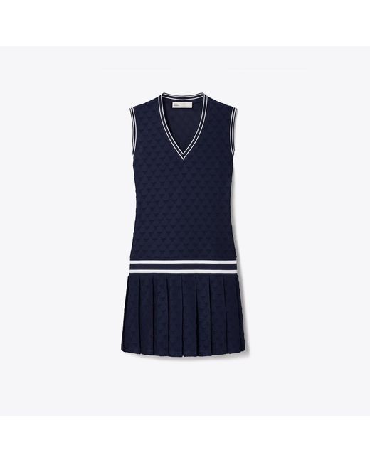 Tory Burch Blue Pleated Terry Jacquard Tennis Dress