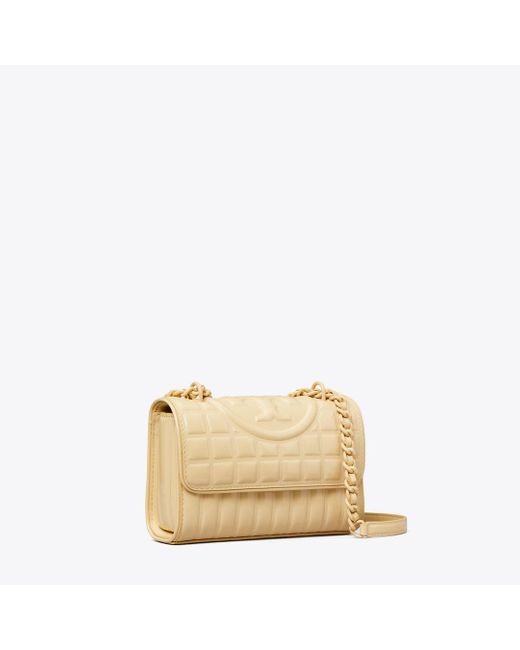 Tory Burch Natural Small Fleming Patent Square Quilt Convertible Shoulder Bag