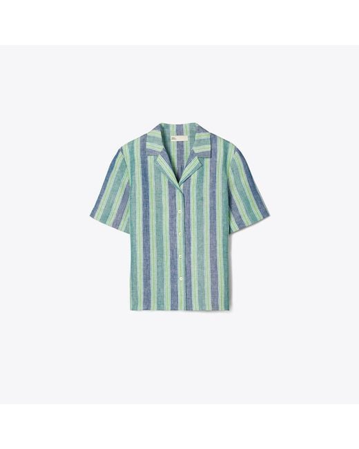 Tory Burch Blue Striped Linen Top