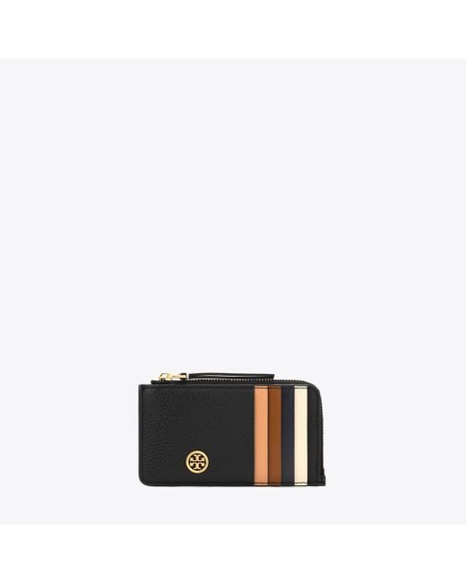 Tory Burch Black Robinson Pebbled Top-Zip Card Case, One Size