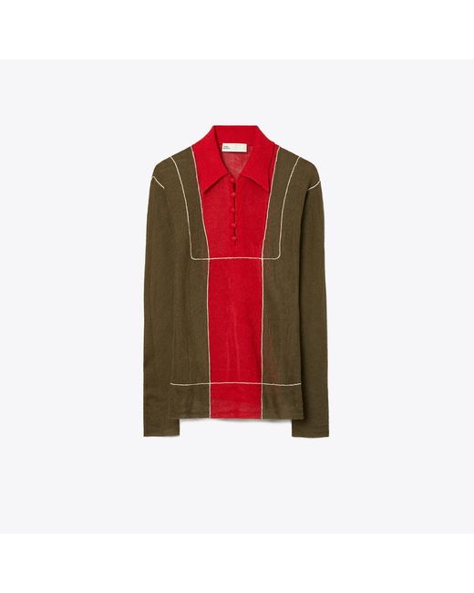 Tory Burch Red Colorblock Wool Sweater