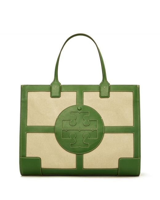 Tory Burch Green Ella Canvas Quadrant Tote Bag