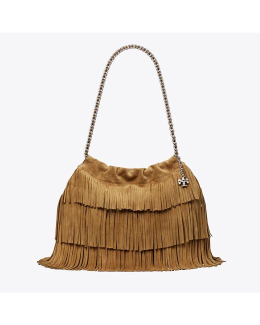 Tory Burch Brown Fleming Suede Fringe Hobo Bag, One Size