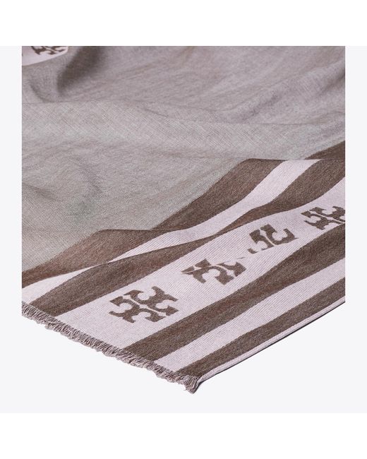 Tory Burch Brown Logo Stripe Oblong Scarf