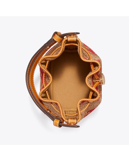Tory Burch Brown T Monogram Straw Mini Bucket Bag