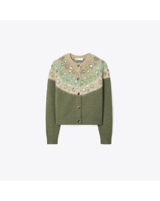 Tory Burch Green Embellished Fair Isle Wool-Blend Cardigan