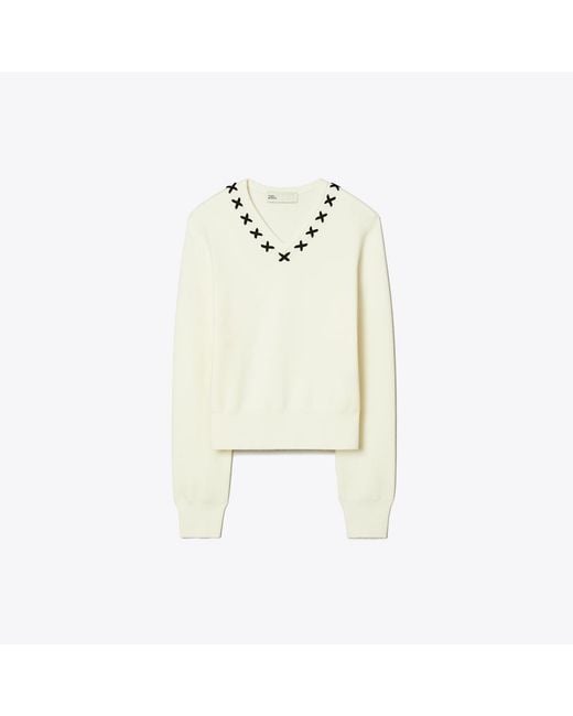 Tory Burch White Embroidered Wool Sweater