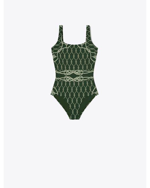 Tory Burch Green Printed Tank Swimsuit