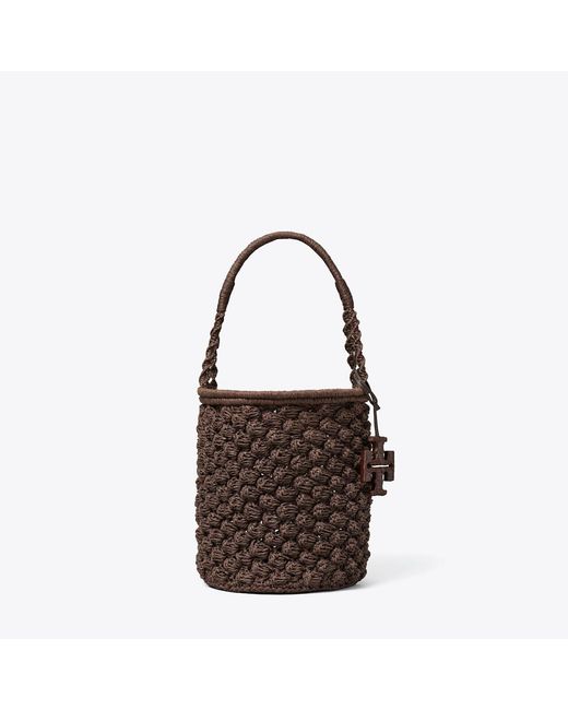 Tory Burch Brown Ella Hand-Crocheted Popcorn Bucket Bag, One Size