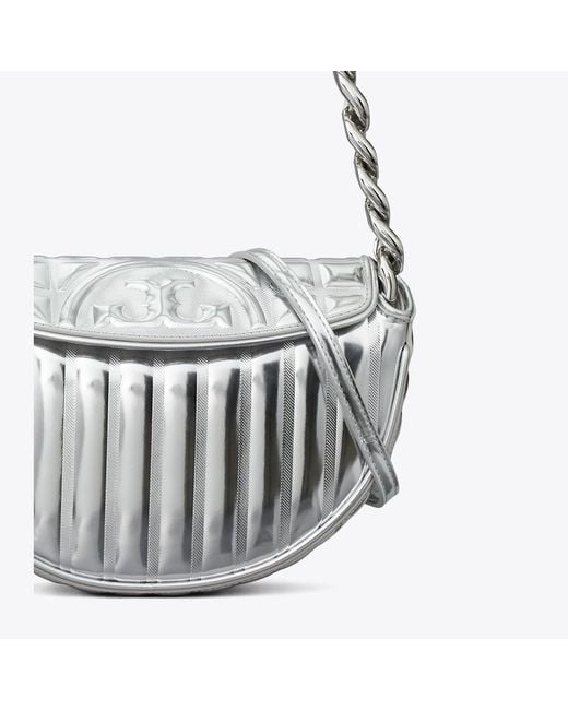 Tory Burch Mini Fleming Metallic Quilt Crescent Bag