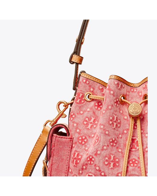 Tory Burch Red T Monogram Denim Bucket Bag