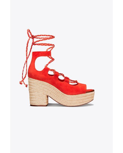 Tory Burch Red Positano Lace-up Platform Espadrille