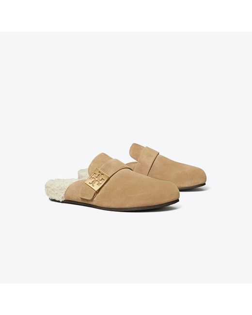 Tory Burch Natural Suede Faux Shearling-Lined Mules