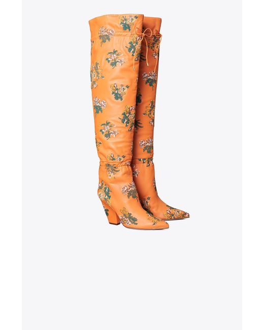 Tory Burch Orange Lila Embroidered Over-the-knee Scrunch Boot