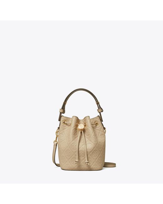 Tory Burch Natural T Monogram Pebbled Mini Bucket Bag, One Size