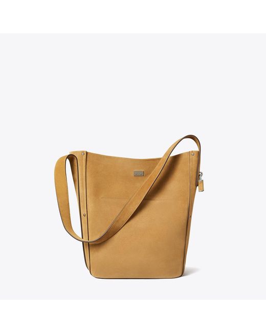 Tory Burch Brown Lock Slim Suede Bucket Bag, One Size