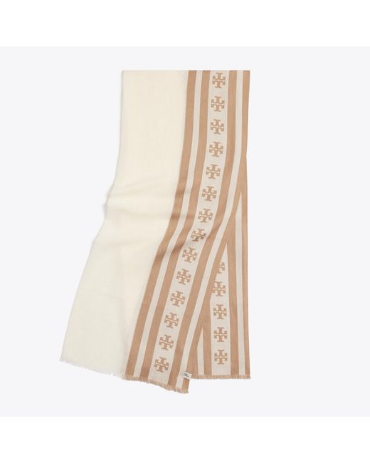 Tory Burch Natural Logo Stripe Oblong Scarf