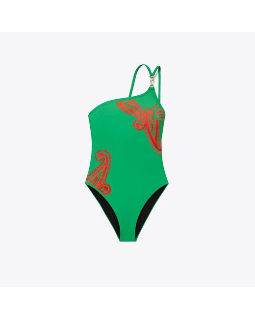 Tory Burch Green One-Shoulder Clip Swimsuit