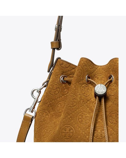 Tory Burch Brown T Monogram Suede Bucket Bag, One Size