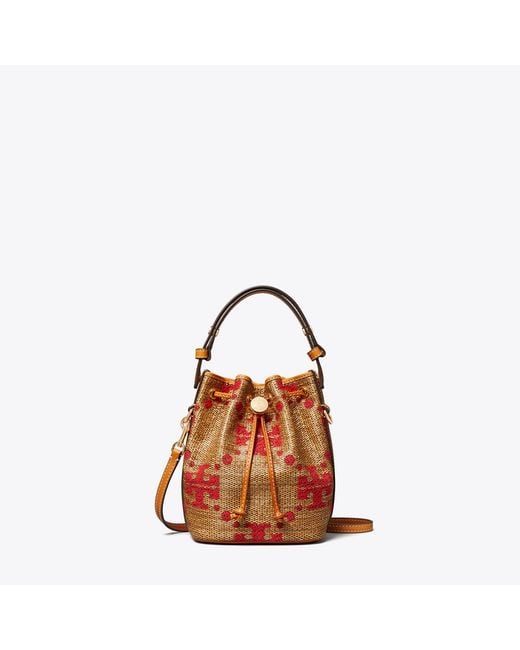 Tory Burch Brown T Monogram Straw Mini Bucket Bag