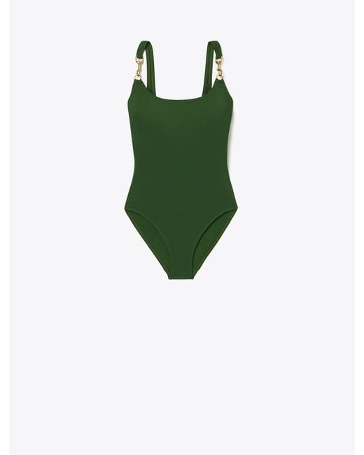 Tory Burch Green Clip Tank Swimsuit