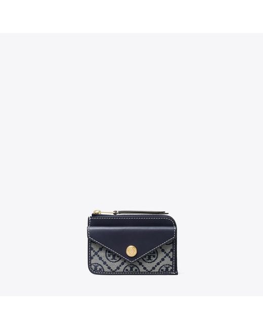 Tory Burch Blue Logo Jacquard Leather Trim Card Holder